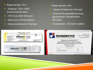  Виды вакцин «А»: 
 - Хаврикс 720 и 1440 
(ГлаксоСмитКляйн) 
 - ГЕП-А-ин-ВАК (Россия) 
 - Вакта 25 и 50 ЕД (Мерк) 
 - Аваксим (Авентис Пастер) 
 Виды вакцин «В»: 
 - Эувакс В (Авентис Пастер), 
 -Гепатита В рекомбинантная 
дрожжевая «Комбиотех» 
(Россия), 
 -Энджерикс – В (Смит-кляйн) 
 
