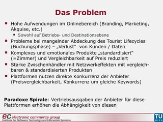 Das Problem
 Hohe Aufwendungen im Onlinebereich (Branding, Marketing,
Akquise, etc.)
 Sowohl auf Betriebs- und Destinationsebene
 Probleme bei mangelnder Abdeckung des Tourist Lifecycles
(Buchungsphase) – „Verlust“ von Kunden / Daten
 Komplexes und emotionales Produkte „standardisiert“
(=Zimmer) und Vergleichbarkeit auf Preis reduziert
 Starke Zwischenhändler mit Netzwerkeffekten mit vergleich-
baren & standardisierten Produkten
 Plattformen nutzen direkte Konkurrenz der Anbieter
(Preisvergleichbarkeit, Konkurrenz um gleiche Keywords)
Paradoxe Spirale: Vertriebsausgaben der Anbieter für diese
Plattformen erhöhen die Abhängigkeit von diesen
 