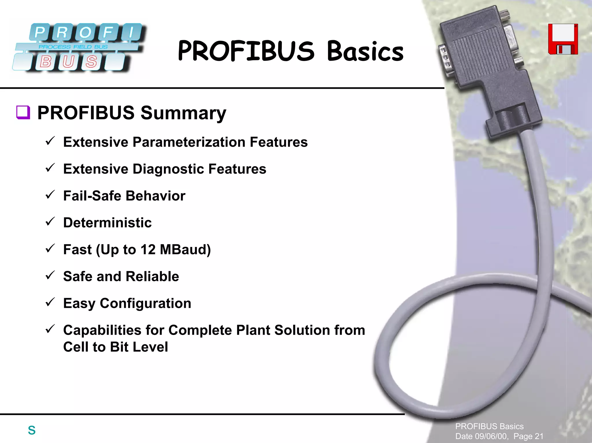 PROFIBUS Basics
Date 09/06/00, Page 21
PROFIBUS Basics
s
PROFIBUS Summary
Extensive Parameterization Features
Extensive Diagnostic Features
Fail-Safe Behavior
Deterministic
Fast (Up to 12 MBaud)
Safe and Reliable
Easy Configuration
Capabilities for Complete Plant Solution from
Cell to Bit Level
 