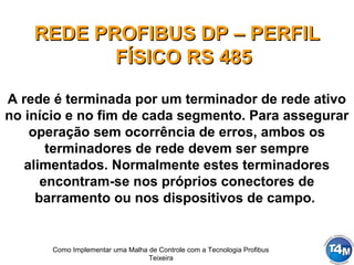 Como Implementar uma Malha de Controle com a Tecnologia Profibus
Teixeira
REDE PROFIBUS DP – PERFILREDE PROFIBUS DP – PERFIL
FÍSICO RS 485FÍSICO RS 485
A rede é terminada por um terminador de rede ativo
no início e no fim de cada segmento. Para assegurar
operação sem ocorrência de erros, ambos os
terminadores de rede devem ser sempre
alimentados. Normalmente estes terminadores
encontram-se nos próprios conectores de
barramento ou nos dispositivos de campo.
 