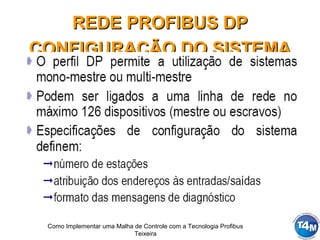 Como Implementar uma Malha de Controle com a Tecnologia Profibus
Teixeira
REDE PROFIBUS DPREDE PROFIBUS DP
CONFIGURAÇÃO DO SISTEMACONFIGURAÇÃO DO SISTEMA
 