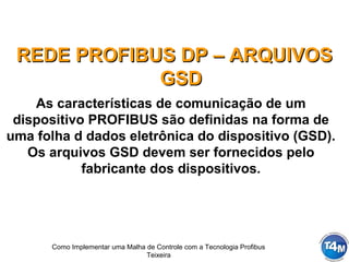 Como Implementar uma Malha de Controle com a Tecnologia Profibus
Teixeira
REDE PROFIBUS DP – ARQUIVOSREDE PROFIBUS DP – ARQUIVOS
GSDGSD
As características de comunicação de um
dispositivo PROFIBUS são definidas na forma de
uma folha d dados eletrônica do dispositivo (GSD).
Os arquivos GSD devem ser fornecidos pelo
fabricante dos dispositivos.
 