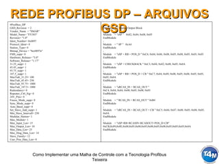 Como Implementar uma Malha de Controle com a Tecnologia Profibus
Teixeira
REDE PROFIBUS DP – ARQUIVOSREDE PROFIBUS DP – ARQUIVOS
GSDGSD
#Profibus_DP
GSD_Revision = 2
Vendor_Name = "SMAR"
Model_Name= ”FY303"
Revision= "1.0"
Ident_Number= 0x0897
Protocol_Ident= 0
Station_Type= 0
Bitmap_Device = "Src0897n"
FMS_supp= 0
Hardware_Release= "3.0"
Software_Release= "1.17"
31.25_supp= 1
45.45_supp= 1
93.75_supp= 1
187.5_supp= 1
MaxTsdr_31.25= 100
MaxTsdr_45.45= 250
MaxTsdr_93.75= 1000
MaxTsdr_187.5= 1000
Redundancy= 0
Repeater_Ctrl_Sig= 0
24V_Pins= 0
Freeze_Mode_supp= 0
Sync_Mode_supp= 0
Auto_Baud_supp= 0
Set_Slave_Add_supp= 1
Min_Slave_Intervall= 250
Modular_Station= 1
Max_Module= 1
Max_Input_Len= 15
Max_Output_Len= 10
Max_Data_Len= 25
Max_Diag_Data_Len= 14
Slave_Family= 12
User_Prm_Data_Len= 0
;
;Modules for Analog Output Block
;
Module = "eSP ” 0x82, 0x84, 0x08, 0x05
EndModule
;
Module = " SP ” 0xA4
EndModule
;
Module = "eSP + RB + POS_D " 0xC6, 0x84, 0x86, 0x08, 0x05, 0x08, 0x05, 0x05, 0x05
EndModule
;
Module = "eSP + CHECKBACK " 0xC3, 0x84, 0x82, 0x08, 0x05, 0x0A
EndModule
;
Module = "eSP + RB + POS_D + CB " 0xC7, 0x84, 0x89, 0x08, 0x05, 0x08, 0x05, 0x05,
0x05, 0x0A
EndModule
;
Module = "eRCAS_IN + RCAS_OUT "
0xC4, 0x84, 0x84, 0x08, 0x05, 0x08, 0x05
EndModule
;
Module = " RCAS_IN + RCAS_OUT " 0xB4
EndModule
;
Module = "eRCAS_IN + RCAS_OUT + CB ” 0xC5, 0x84, 0x87, 0x08, 0x05, 0x08, 0x05,
0x0A
EndModule
;
Module = "eSP+RB+RCASIN+RCASOUT+POS_D+CB"
0xCB,0x89,0x8E,0x08,0x05,0x08,0x05,0x08,0x05,0x08,0x05,0x05,0x05,0x0A
EndModule
 