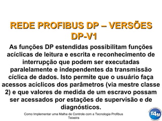 Como Implementar uma Malha de Controle com a Tecnologia Profibus
Teixeira
REDE PROFIBUS DP – VERSÕESREDE PROFIBUS DP – VERSÕES
DP-V1DP-V1
As funções DP estendidas possibilitam funções
acíclicas de leitura e escrita e reconhecimento de
interrupção que podem ser executadas
paralelamente e independentes da transmissão
cíclica de dados. Isto permite que o usuário faça
acessos acíclicos dos parâmetros (via mestre classe
2) e que valores de medida de um escravo possam
ser acessados por estações de supervisão e de
diagnósticos.
 