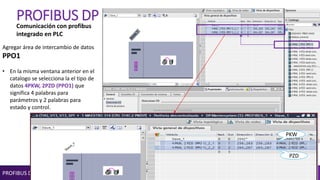 PROFIBUS DP Ing.Esp. John Jairo Piñeros C.
PROFIBUS DP
Agregar área de intercambio de datos
PPO1
• En la misma ventana anterior en el
catalogo se selecciona la el tipo de
datos 4PKW, 2PZD (PPO1) que
significa 4 palabras para
parámetros y 2 palabras para
estado y control.
Comunicación con profibus
integrado en PLC
PKW
PZD
 