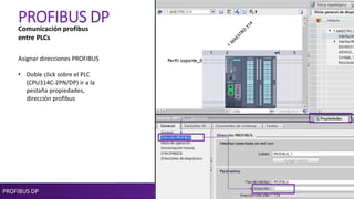 PROFIBUS DP
PROFIBUS DP
Asignar direcciones PROFIBUS
• Doble click sobre el PLC
(CPU314C-2PN/DP) ir a la
pestaña propiedades,
dirección profibus
Comunicación profibus
entre PLCs
 