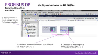 PROFIBUS DP Ing.Esp. John Jairo Piñeros C.
PROFIBUS DP
1. Ir a dispositivos y
redes, agregar los dos
PLC con sus módulos
Comunicación profibus
entre PLCs
Configurar hardware en TIA PORTAL
3. Establecer el maestro para el
MODULO profibus CM1242-5
2. Establecer la comunicación CPU 314C-2PN/DP
y el modulo CM1242-5
 