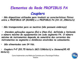 Como Implementar uma Malha de Controle com a Tecnologia Profibus
Teixeira
Couplers
• São dispositivos utilizados para traduzir as características físicas
entre o PROFIBUS DP (RS485) e o PROFIBUS PA (H1:31,25kbits/s)
• São transparentes para os mestres (não possuem endereço)
• Atendem aplicações seguras (Ex) e (Non-Ex), definindo e limitando
o número máximo de equipamentos em cada segmento PA. O número
máximo de instrumentos depende da somatória das correntes dos
instrumentos no segmento e distâncias envolvidas no cabeamento.
• São alimentados com 24 Vdc.
• Couplers P+F (93.75 kbits/s SK2:12Mbits/s) e Siemens(45.45
kbits/s).
Elementos da Rede PROFIBUS PA
 