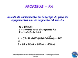 Como Implementar uma Malha de Controle com a Tecnologia Profibus
Teixeira
PROFIBUS - PA
N = V/(IxR)
I = corrente total do segmento PA
R = resistência total
Cálculo do comprimento do cabo(tipo A) para 20
equipamentos em um segmento PA non-Ex
L = (19-9) x1000/(20x12x10x44) = 947
m
-3
I = 20 x 12mA = 240mA < 400mA
 
