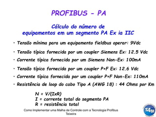 Como Implementar uma Malha de Controle com a Tecnologia Profibus
Teixeira
Cálculo do número de
equipamentos em um segmento PA Ex ia IIC
PROFIBUS - PA
• Tensão mínima para um equipamento fieldbus operar: 9Vdc
• Tensão típica fornecida por um coupler Siemens Ex: 12.5 Vdc
• Resistência de loop do cabo Tipo A (AWG 18) : 44 Ohms por Km
• Tensão típica fornecida por um coupler P+F Ex: 12.6 Vdc
• Corrente típica fornecida por um coupler P+F Non-Ex: 110mA
• Corrente típica fornecida por um Siemens Non-Ex: 100mA
N = V/(IxR)
I = corrente total do segmento PA
R = resistência total
 