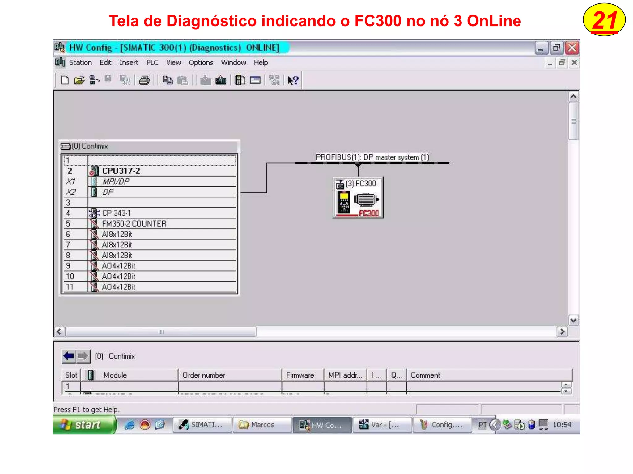 21Tela de Diagnóstico indicando o FC300 no nó 3 OnLine