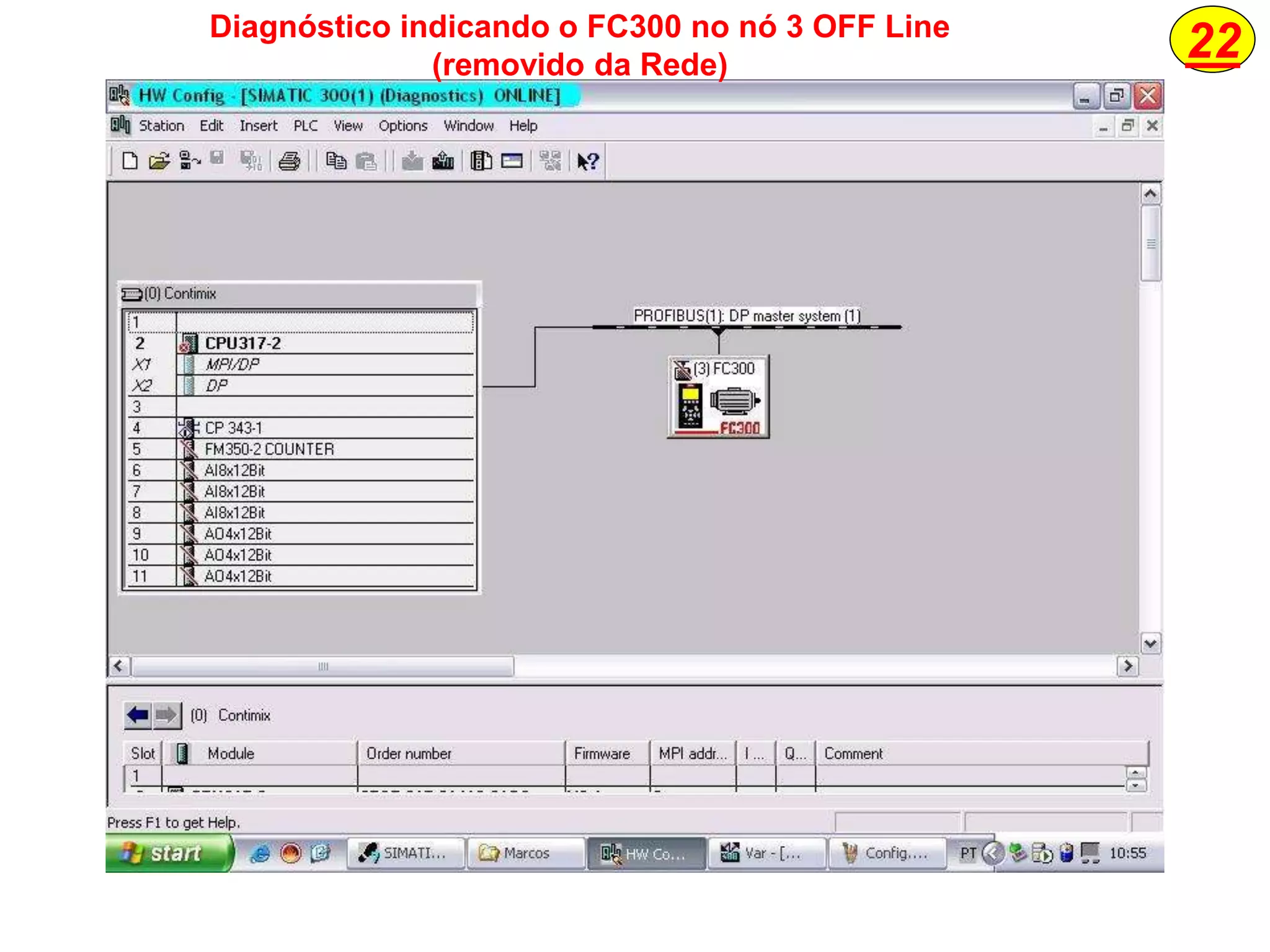 22Diagnóstico indicando o FC300 no nó 3 OFF Line
(removido da Rede)