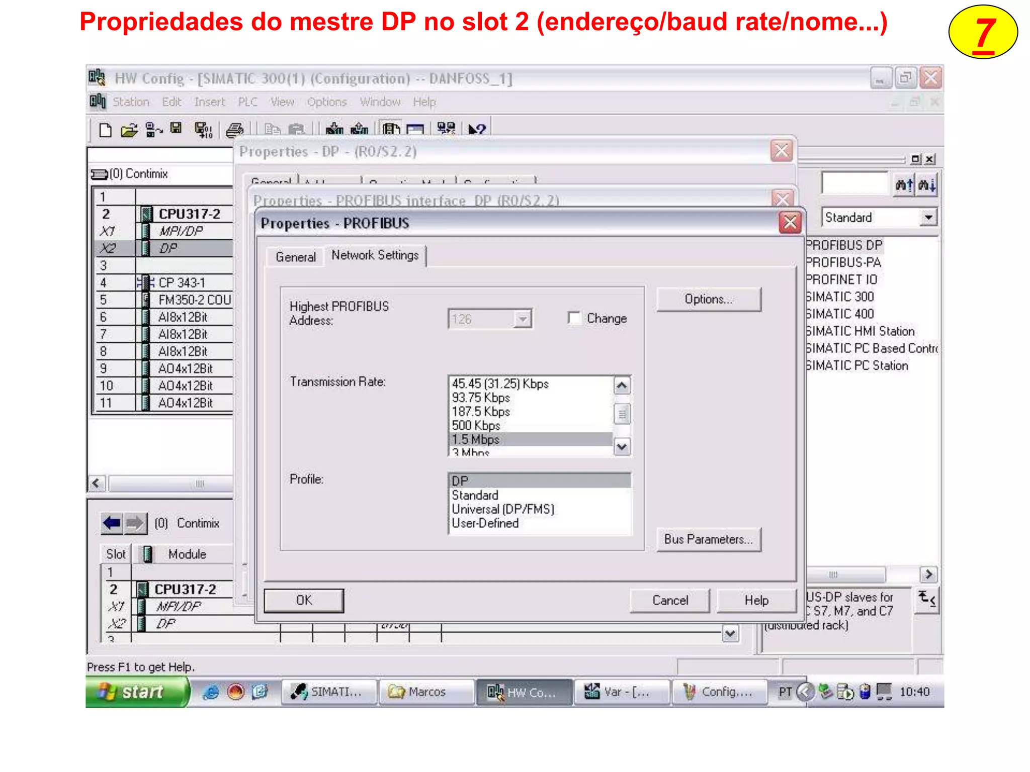 7Propriedades do mestre DP no slot 2 (endereço/baud rate/nome...)