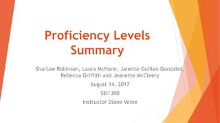 Proficiency Levels
Summary
SharLee Robinson, Laura McHann, Janette Guillen Gonzales,
Rebecca Griffith and Jeanette McCleery
August 14, 2017
SEI/300
Instructor Diane Veine
 