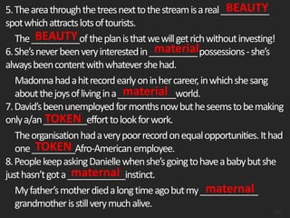 5.Theareathroughthetreesnexttothestreamisareal__________
spotwhichattractslotsoftourists.
The__________oftheplanisthatwewillgetrichwithoutinvesting!
6.She’sneverbeenveryinterestedin__________possessions-she’s
alwaysbeencontentwithwhatevershehad.
Madonnahadahitrecordearlyoninhercareer,inwhichshesang
aboutthejoysoflivingina____________world.
7.David’sbeenunemployedformonthsnowbutheseemstobemaking
onlya/an_________efforttolookforwork.
Theorganisationhadaverypoorrecordonequalopportunities.Ithad
one_________Afro-Americanemployee.
8.PeoplekeepaskingDaniellewhenshe’sgoingtohaveababybutshe
justhasn’tgota____________instinct.
Myfather’smotherdiedalongtimeagobutmy____________
grandmotherisstillverymuchalive.
109
BEAUTY
BEAUTY
material
material
TOKEN
TOKEN
maternal
maternal
 