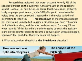 Research has indicated that words account for only 7% of the
speaker's impact on the audience. A massive 55% of the speaker's
impact is visual, i.e. how he or she looks, facial expression, gestures,
body language, posture etc., while 38% of impact comes from the
voice; does the person sound trustworthy, is the voice varied and
interesting to listen to? This breakdown of the impact a speaker
has may sound unlikely, but imagine a situation: you have returned a
faulty item to a shop, and the shop assistant says, 'I'm sorry, I'll see
what I can do.' If this is said in an uninteresting voice as the assistant
leans on the counter about to resume a conversation with a colleague,
you won't feel confident that very much will happen.
3. What exactly does the phrase 'this breakdown' describe?
78
How research was
split into categories
The analysis of the
research
 