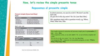 Now, let’s review the simple presente tense
Repasemos el presente simple
Este cuadro muestra la estructura del presente simple para los pronombres I -
you - we y they.
Para respuestas cortas, se usa do o don’t. No se usa la forma completa del
verbo.
Do you live in the city centre? Yes, I do. (not Yes, I live
Las preguntas Wh – empiezan con una palabra pregunta, es decir Where,
What, What time, Who.
Taken from Life Elementary CENGAGE, 2014
 