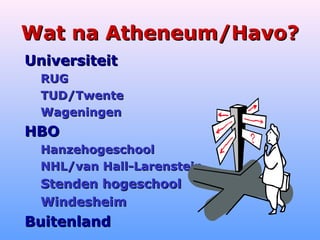 Wat na Atheneum/Havo?Wat na Atheneum/Havo?
UniversiteitUniversiteit
RUGRUG
TUD/TwenteTUD/Twente
WageningenWageningen
HBOHBO
HanzehogeschoolHanzehogeschool
NHL/van Hall-LarensteinNHL/van Hall-Larenstein
Stenden hogeschoolStenden hogeschool
WindesheimWindesheim
BuitenlandBuitenland
 