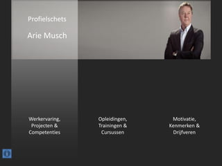 Profielschets

Arie Musch




Werkervaring,   Opleidingen,    Motivatie,
 Projecten &    Trainingen &   Kenmerken &
Competenties     Cursussen      Drijfveren
 