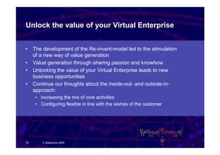 Unlock the value of your Virtual Enterprise


•    The development of the Re-invent-model led to the stimulation
     of a new way of value generation
•    Value generation through sharing passion and knowhow
•    Unlocking the value of your Virtual Enterprise leads to new
     business opportunities
•    Continue our thoughts about the inside-out- and outside-in-
     approach:
     • Increasing the mix of core activities
     • Configuring flexible in line with the wishes of the customer




10       2 September 2009
 