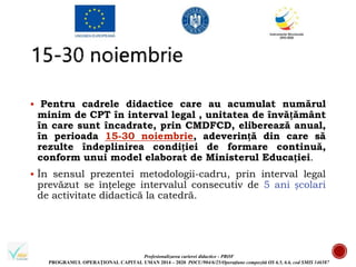 Profesionalizarea carierei didactice - PROF
PROGRAMUL OPERAȚIONAL CAPITAL UMAN 2014 – 2020 POCU/904/6/25/Operațiune compozită OS 6.5, 6.6, cod SMIS 146587
 Pentru cadrele didactice care au acumulat numărul
minim de CPT în interval legal , unitatea de învățământ
în care sunt încadrate, prin CMDFCD, eliberează anual,
în perioada 15-30 noiembrie, adeverință din care să
rezulte îndeplinirea condiției de formare continuă,
conform unui model elaborat de Ministerul Educației.
 În sensul prezentei metodologii-cadru, prin interval legal
prevăzut se înțelege intervalul consecutiv de 5 ani școlari
de activitate didactică la catedră.
 