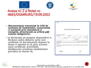 Profesionalizarea carierei didactice - PROF
PROGRAMUL OPERAȚIONAL CAPITAL UMAN 2014 – 2020 POCU/904/6/25/Operațiune compozită OS 6.5, 6.6, cod SMIS 146587
Anexa nr. 2 a Notei nr.
4663/DGMRURS/19.09.2022
 Documentația transmisă la CCD de
unitatea de învățământ, numerotată
și asumată prin semnătură și
ștampilă, structurată ca arhivă pdf.
conține obligatoriu:
 e) declarație pe propria răspundere a
fiecărui cadru didactic prin care
confirmă că documentele depuse la
dosar îi aparţin şi că prin acestea
sunt certificate activităţile
desfăşurate (conform modelulului
prevăzut în Anexa 4);
 