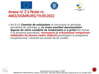 Profesionalizarea carierei didactice - PROF
PROGRAMUL OPERAȚIONAL CAPITAL UMAN 2014 – 2020 POCU/904/6/25/Operațiune compozită OS 6.5, 6.6, cod SMIS 146587
Anexa nr. 2 a Notei nr.
4663/DGMRURS/19.09.2022
 Art.6 (1) Comisia de echivalare se întrunește în perioada
prevăzută de calendar și, în urma analizei documentelor
depuse de către unitățile de învățământ și a grilei din Anexa
5 la prezenta procedură, recunoaște și echivalează competențe
dobândite de fiecare cadru didactic participant la programul
complementar, alocând un număr fix de credite.
 