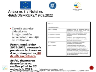 Profesionalizarea carierei didactice - PROF
PROGRAMUL OPERAȚIONAL CAPITAL UMAN 2014 – 2020 POCU/904/6/25/Operațiune compozită OS 6.5, 6.6, cod SMIS 146587
 Cererile cadrelor
didactice se
înregistrează la
secretariatul unităţii
de învăţământ.
Pentru anul școlar
2022-2023, termenele
prevăzute în Anexa nr.
4 se prelungesc cu 30
de zile lucrătoare.
Astfel, depunerea
dosarelor se va
realiza până la 25
noiembrie 2022.
 