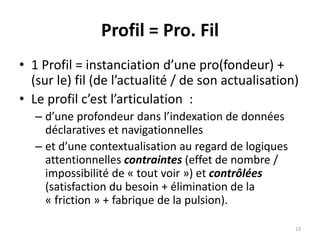 Profil = Pro. Fil
• 1 Profil = instanciation d’une pro(fondeur) +
(sur le) fil (de l’actualité / de son actualisation)
• Le profil c’est l’articulation :
– d’une profondeur dans l’indexation de données
déclaratives et navigationnelles
– et d’une contextualisation au regard de logiques
attentionnelles contraintes (effet de nombre /
impossibilité de « tout voir ») et contrôlées
(satisfaction du besoin + élimination de la
« friction » + fabrique de la pulsion).
13
 