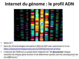 Internet du génome : le profil ADN
• Web 4.0 ?
• Dans les 10 technologies disruptives 2015 du MIT avec avènement à 2 ans
https://www.technologyreview.com/s/535016/internet-of-dna/
• L'internet de l'ADN est un projet dont l'objectif est "de documenter chaque
variation de chaque gène humain et de déterminer quelles sont les conséquences de
ces différences."
15
 
