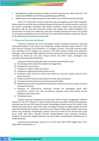  Meningkatkan kualitas pelayanan emergensi obstetri dan bayi baru lahir minimal di 150 
rumah sakit (PONEK) dan 300 Puskesmas/Balkesmas (PONED). 
 Memperkuat sistem rujukan yang efisien dan efektif antar Puskesmas dan Rumah Sakit. 
Selain itu, pemerintah bersama masyarakat juga bertanggung jawab untuk menjamin 
bahwa setiap ibu memiliki akses terhadap pelayanan kesehatan ibu yang berkualitas, mulai dari 
saat hamil, pertolongan persalinan oleh tenaga kesehatan terlatih, dan perawatan pasca 
persalinan bagi ibu dan bayi, perawatan khusus dan rujukan jika terjadi komplikasi, dan 
memperoleh cuti hamil dan melahirkan serta akses terhadap keluarga berencana. Di samping 
itu, pentingnya melakukan intervensi lebih ke hulu yakni kepada kelompok remaja dan dewasa 
muda dalam upaya percepatan penurunan AKI. 
1. Pelayanan Kesehatan Ibu Hamil 
Pelayanan kesehatan ibu hamil diwujudkan melalui pemberian pelayanan antenatal 
sekurang-kurangnya 4 kali selama masa kehamilan, dengan distribusi waktu minimal 1 kali 
pada trimester pertama (usia kehamilan 0-12 minggu), minimal 1 kali pada trimester kedua 
(usia kehamilan 12-24 minggu), dan minimal 2 kali pada trimester ketiga (usia kehamilan 
24minggu - lahir). Standar waktu pelayanan tersebut dianjurkan untuk menjamin perlindungan 
terhadap ibu hamil dan atau janin, berupa deteksi dini faktor risiko, pencegahan dan 
penanganan dini komplikasi kehamilan. 
Pelayanan antenatal diupayakan agar memenuhi standar kualitas, yaitu : 
a) Penimbangan berat badan dan pengukuran tinggi badan; 
b) Pengukuran tekanan darah; 
c) Pengukuran Lingkar Lengan Atas (LiLA); 
d) Pengukuran tinggi puncak rahim (fundus uteri); 
e) Penentuan status imunisasi tetanus dan pemberian imunisasi tetanus toksoid sesuai 
status imunisasi; 
f) Pemberian tablet tambah darah minimal 90 tablet selama kehamilan; 
g) Penentuan presentasi janin dan denyut jantung janin (DJJ); 
h) Pelaksanaan temu wicara (pemberian komunikasi interpersonal dan konseling, termasuk 
keluarga berencana); 
i) Pelayanan tes laboratorium sederhana, minimal tes hemoglobin darah (Hb), 
pemeriksaan protein urin dan pemeriksaan golongan darah (bila belum pernah 
dilakukan sebelumnya); dan 
j) Tatalaksana kasus. 
Capaian pelayanan kesehatan ibu hamil dapat dinilai dengan menggunakan indikator 
Cakupan K1 dan K4. Cakupan K1 adalah jumlah ibu hamil yang telah memperoleh pelayanan 
antenatal pertama kali oleh tenaga kesehatan, dibandingkan jumlah sasaran ibu hamil di satu 
wilayah kerja pada kurun waktu satu tahun. Sedangkan Cakupan K4 adalah jumlah ibu hamil 
yang telah memperoleh pelayanan antenatal sesuai dengan standar paling sedikit 4 kali sesuai 
jadwal yang dianjurkan, dibandingkan jumlah sasaran ibu hamil di satu wilayah kerja pada 
kurun waktu satu tahun. Indikator tersebut memperlihatkan akses pelayanan kesehatan 
terhadap ibu hamil dan tingkat kepatuhan ibu hamil dalam memeriksakan kehamilannya ke 
tenaga kesehatan. 
Gambaran kecenderungan cakupan K1 dan K4 sejak tahun 2004 hingga tahun 2013 
dapat dilihat pada gambar 5.1. 
72 Profil Kesehatan Indonesia Tahun 2013 
 