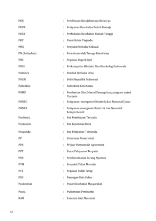 PKK : Pembinaan Kesejahteraan Keluarga 
PKPR : Pelayanan Kesehatan Peduli Remaja 
PKRT : Perbekalan Kesehatan Rumah Tangga 
PKT : Pusat Krisis Terpadu 
PMS : Penyakit Menular Seksual 
PN (Salinakes) : Persalinan oleh Tenaga Kesehatan 
PNS : Pegawai Negeri Sipil 
POGI : Perkumpulan Obstetri Dan Ginekologi Indonesia 
Polindes : Pondok Bersalin Desa 
POLRI : Polisi Republik Indonesia 
Poltekkes : Politeknik Kesehatan 
POMP : Pemberian Obat Massal Pencegahan; program untuk 
filariasis 
PONED : Pelayanan emergensi Obstetrik dan Neonatal Dasar 
PONEK : Pelayanan emergensi Obstetrik dan Neonatal 
Komprehensif 
Posbindu : Pos Pembinaan Terpadu 
Poskesdes 
: Pos Kesehatan Desa 
Posyandu : Pos Pelayanan Terpandu 
PP : Peraturan Pemerintah 
PPA : Project Partnership Agreement 
PPT : Pusat Pelayanan Terpadu 
PSN : Pemberantasan Sarang Nyamuk 
PTM : Penyakit Tidak Menular 
PTT : Pegawai Tidak Tetap 
PUS : Pasangan Usia Subur 
Puskesmas 
: Pusat Kesehatan Masyarakat 
Pustu : Puskesmas Pembantu 
RAN : Rencana Aksi Nasional 
xii 
 