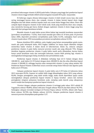 prevalensi kekurangan vitamin A (KVA) pada balita. Cakupan yang tinggi dari pemberian kapsul 
vitamin A dosis tinggi terbukti efektif untuk mengatasi masalah KVA pada masyarakat. 
Di beberapa negara dimana kekurangan vitamin A telah terjadi secara luas, dan anak 
sering meninggal karena diare, dan campak, vitamin A dalam bentuk kapsul dosis tinggi 
dibagikan dua kali dalam setahun kepada anak usia enam bulan hingga lima tahun. Diare dan 
campak dapat menguras vitamin A dari tubuh anak. Anak yang menderita diare atau campak, 
atau menderita kurang gizi harus diobati dengan suplemen vitamin A dosis tinggi yang bisa 
diperoleh dari petugas kesehatan terlatih. 
Masalah vitamin A pada balita secara klinis bukan lagi masalah kesehatan masyarakat 
(prevalensi xeropthalmia < 0,5%). Hasil studi masalah gizi mikro di 10 kota pada 10 provinsi 
tahun 2006, diperoleh prevalensi xeropthalmia pada balita 0,13%, sedangkan hasil survey 
vitamin A pada tahun 1992 menunjukkan prevalensi xeropthalmia sebesar 0,33%. 
Namun demikian KVA subklinis, yaitu tingkat yang belum menampakkan gejala nyata, 
masih ada pada kelompok balita. KVA tingkat subklinis ini hanya dapat diketahui dengan 
memeriksa kadar vitamin A dalam darah di laboratorium. Selain itu, sebaran cakupan 
pemberian vitamin A pada balita menurut provinsi masih ada yang dibawah 75%. Dengan 
demikian kegiatan pemberian vitamin A pada balita masih perlu dilanjutkan, karena bukan 
hanya untuk kesehatan mata dan mencegah kebutaan, namun lebih penting lagi, vitamin A 
meningkatkan kelangsungan hidup, kesehatan dan pertumbuhan anak. 
Pemberian kapsul vitamin A dilakukan terhadap bayi (6-11 bulan) dengan dosis 
100.000 SI, anak balita (12-59 bulan) dengan dosis 200.000 SI, dan ibu nifas diberikan kapsul 
vitamin A 200.000 SI, sehingga bayinya akan memperoleh vitamin A yang cukup melalui ASI. 
Pemberian Kapsul Vitamin A diberikan secara serentak setiap bulan Februari dan Agustus pada 
balita usia 6-59 bulan. 
Cakupan pemberian kapsul vitamin A pada balita usia 6-59 bulan di Indonesia tahun 
2013 mencapai 83,9%. Capaian ini sedikit lebih tinggi dibandingkan tahun 2012 yang sebesar 
82,8%. Dengan peningkatan yang tidak terlalu tinggi, maka masih diperlukan upaya untuk 
meningkatkan cakupan pemberian kapsul vitamin A. Upaya tersebut antara lain melalui 
peningkatan integrasi pelayanan kesehatan anak, sweeping pada daerah yang cakupannya 
masih rendah dan kampanye pemberian kapsul vitamin A. 
Provinsi dengan cakupan pemberian vitamin A tertinggi pada tahun 2013 adalah DI 
Yogyakarta sebesar 98,88%, diikuti oleh Jawa Tengah sebesar 98,61% dan Bali sebesar 96,79%. 
Sedangkan cakupan terendah terdapat di Provinsi Papua sebesar 45,92%, diikuti oleh Papua 
Barat sebesar 50,70% dan Maluku sebesar 62,91%. Cakupan pemberian kapsul vitamin A 
menurut provinsi ditampilkan pada gambar 5.27. 
98 Profil Kesehatan Indonesia Tahun 2013 
 