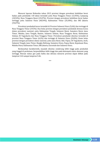 Menurut laporan Riskesdas tahun 2013 provinsi dengan prevalensi kelebihan berat 
badan pada penduduk >18 tahun terendah yaitu Nusa Tenggara Timur (12,95%), Lampung 
(18,52%), Nusa Tenggara Barat (19,47%). Provinsi dengan prevalensi kelebihan berat badan 
tertinggi yaitu Sulawesi Utara (40,54%), Kalimantan Timur (35,38%), dan DKI Jakarta 
(34,67%). 
Prevalensi penduduk kurus terendah di Provinsi Sulawesi Utara (5,6%) dan tertinggi di 
Nusa Tenggara Timur (19,5%). Dua belas provinsi dengan prevalensi penduduk dewasa kurus 
diatas prevalensi nasional, yaitu Kalimantan Tengah, Sulawesi Barat, Sumatera Barat, Jawa 
Timur, Maluku, Jawa Tengah, Banten, Sulawesi Selatan, Nusa Tenggara Barat, Kalimantan 
Selatan, DI Yogyakarta dan Nusa Tenggara Timur. Prevalensi penduduk obesitas terendah di 
provinsi Nusa Tenggara Timur (6,2%) dan tertinggi di Sulawesi Utara (24,0%). Enam belas 
provinsi dengan prevalensi diatas nasional, yaitu Jawa Barat, Bali, Papua, DI Yogyakarta, Aceh, 
Sulawesi Tengah, Jawa Timur, Bangka Belitung, Sumatera Utara, Papua Barat, Kepulauan Riau, 
Maluku Utara, Kalimantan Timur, DKI Jakarta, Gorontalo dan Sulawesi Utara. 
Berdasarkan karakteristik, masalah obesitas cenderung lebih tinggi pada penduduk 
yang tinggal di perkotaan, berpendidikan lebih tinggi dan pada kelompok status ekonomi yang 
tertinggi. Rincian status gizi pada balita dan dewasa menurut provinsi dapat dilihat pada 
lampiran 5.42 sampai lampiran 5.46. 
Kesehatan Keluarga 123 
*** 
 