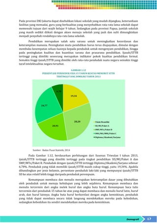 Pada provinsi DKI Jakarta dapat disebabkan lokasi sekolah yang mudah dijangkau, ketersediaan 
fasilitas yang memadai, guru yang berkualitas yang menyebabkan rata-rata lama sekolah dapat 
memenuhi tujuan dari wajib belajar 9 tahun. Sedangkan pada provinsi Papua, jumlah sekolah 
yang masih sedikit diikuti dengan akses menuju sekolah yang jauh dan sulit dimungkinkan 
menjadi penyebab rendahnya rata-rata lama sekolah. 
Pendidikan merupakan salah satu sarana untuk meningkatkan kecerdasan dan 
keterampilan manusia. Peningkatan mutu pendidikan harus terus diupayakan, dimulai dengan 
membuka kesempatan seluas-luasnya kepada penduduk untuk mengenyam pendidikan, hingga 
pada peningkatan kualitas dan kuantitas sarana dan prasarana pendidikan. Ijazah/STTB 
tertinggi yang dimiliki seseorang merupakan indikator pokok kualitas pendidikan formal. 
Semakin tinggi ijazah/STTB yang dimiliki oleh rata-rata penduduk suatu negara semakin tinggi 
taraf intelektualitas negara tersebut. 
Demografi 17 
GAMBAR 1.12 
PERSENTASE PENDUDUK USIA 15 TAHUN KEATAS MENURUT STTB 
TERTINGGI YANG DIMILIKI TAHUN 2013 
Sumber: Badan Pusat Statistik, 2014 
Pada Gambar 1.12, berdasarkan perhitungan dari Susenas Triwulan I tahun 2013, 
ijazah/STTB tertinggi yang dimiliki tertinggi pada tingkat pendidikan SD/MI/Paket A dan 
SMP/MTs/Paket B. Penduduk dengan ijazah/STTB tertinggi Diploma/Akademi/Sarjana sebesar 
6,78%. Penduduk yang tidak memiliki ijazah/STTB masih cukup tinggi, yaitu 19,34%. Apabila 
dibandingkan per jenis kelamin, persentase penduduk laki-laki yang mempunyai ijazah/STTB 
SD ke atas relatif lebih tinggi daripada penduduk perempuan. 
Kemampuan membaca dan menulis merupakan keterampilan dasar yang dibutuhkan 
oleh penduduk untuk menuju kehidupan yang lebih sejahtera. Kemampuan membaca dan 
menulis tercermin dari angka melek huruf dan angka buta huruf. Kemampuan baca tulis 
tercermin dari penduduk 15 tahun ke atas yang dapat membaca dan menulis huruf latin, huruf 
arab, dan huruf lainnya. Angka buta huruf berkorelasi dengan angka kemiskinan, penduduk 
yang tidak dapat membaca secara tidak langsung mendekatkan mereka pada kebodohan, 
sedangkan kebodohan itu sendiri mendekatkan mereka pada kemiskinan. 
 