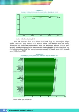 22 Profil Kesehatan Indonesia Tahun 2013 
GAMBAR 1.17 
INDEKS PEMBANGUNAN MANUSIA INDONESIA TAHUN 2008 - 2012 
Sumber: Badan Pusat Statistik, 2013 
Nilai IPM Indonesia tahun 2012 sebesar 73,29 lebih tinggi jika dibandingkan dengan 
kondisi tahun 2011 yang sebesar 72,77. Nilai ini masuk dalam kategori nilai IPM sedang. 
Peningkatan ini dikarenakan meningkatnya nilai dari komponen pembuat IPM ini, yaitu 
kenaikan pada komponen angka harapan hidup dan angka melek huruf. Pada tahun 2008 nilai 
IPM Indonesia sebesar 71,17 dan nilai ini meningkat menjadi 71,76 pada tahun 2009, dan pada 
tahun 2012 sebesar 73,29. 
GAMBAR 1.18 
INDEKS PEMBANGUNAN MANUSIA MENURUT PROVINSI TAHUN 2012 
Sumber: Badan Pusat Statistik, 2013 
 