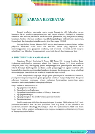Sarana Kesehatan 27 
SARANA KESEHATAN 
Derajat kesehatan masyarakat suatu negara dipengaruhi oleh keberadaan sarana 
kesehatan. Sarana kesehatan yang diulas pada pada bagian ini terdiri dari fasilitas pelayanan 
kesehatan dan institusi pendidikan kesehatan milik pemerintah yang menghasilkan tenaga 
kesehatan. Fasilitas pelayanan kesehatan yang dibahas pada bagian ini terdiri dari : puskesmas, 
Rumah Sakit, dan Upaya Kesehatan Bersumberdaya Masyarakat (UKBM). 
Undang-Undang Nomor 36 tahun 2009 tentang Kesehatan menyatakan bahwa fasilitas 
pelayanan kesehatan adalah suatu alat dan/atau tempat yang digunakan untuk 
menyelenggarakan upaya pelayanan kesehatan, baik promotif, preventif, kuratif, maupun 
rehabilitatif yang dilakukan oleh pemerintah, pemerintah daerah, dan/atau masyarakat. 
A. PUSAT KESEHATAN MASYARAKAT 
Keputusan Menteri Kesehatan RI Nomor 128 Tahun 2004 tentang Kebijakan Dasar 
Puskesmas mendefinisikan puskesmas adalah Unit Pelaksana Teknis (UPT) dinas kesehatan 
kabupaten/kota yang bertanggung jawab menyelenggarakan pembangunan kesehatan di 
wilayah kerjanya. Pembangunan kesehatan adalah penyelenggaraan upaya kesehatan oleh 
bangsa Indonesia untuk meningkatkan kesadaran, kemauan, dan kemampuan hidup sehat bagi 
setiap orang agar terwujud derajat kesehatan masyarakat yang optimal. 
Dalam menjalankan fungsinya sebagai pusat pembangunan berwawasan kesehatan, 
pusat pemberdayaan masyarakat, pusat pelayanan kesehatan masyarakat primer, dan pusat 
pelayanan kesehatan perorangan primer, puskesmas berkewajiban memberikan upaya 
kesehatan wajib dan upaya kesehatan pengembangan. 
Upaya kesehatan wajib terdiri dari 
1. Upaya promosi kesehatan 
2. Upaya kesehatan lingkungan 
3. Upaya kesehatan ibu dan anak serta Keluarga Berencana 
4. Upaya perbaikan gizi 
5. Upaya pencegahan dan pemberantasan penyakit menular 
6. Upaya pengobatan 
Jumlah puskesmas di Indonesia sampai dengan Desember 2013 sebanyak 9.655 unit. 
Jumlah tersebut terdiri dari 3.317 unit puskesmas rawat inap dan 6.338 unit puskesmas non 
rawat inap. Jumlah ini lebih tinggi dibandingkan tahun 2012 yaitu sebanyak 9.510 unit. Dalam 
kurun waktu 5 tahun terakhir, jumlah puskesmas memang mengalami peningkatan seperti yang 
terdapat pada gambar berikut. 
 