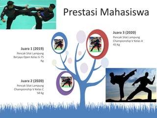 Prestasi Mahasiswa
Pencak Silat Lampung
Championship V Kelas A
45 Kg
Juara 3 (2020)
Pencak Silat Lampung
Berjaya Open Kelas G 75
Kg
Juara 1 (2019)
Pencak Silat Lampung
Championship V Kelas C
58 Kg
Juara 2 (2020)
 