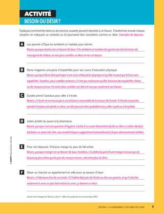 ACTIVITÉ
BESOINOUDÉSIR ?
Expliquez comment les biens ou les services suivants peuvent répondre à un besoin. Transformez ensuite chaque
situation en indiquant un contexte où ils pourraient être considérés comme un désir. Exemples de réponses :
A 	 Les parents d’Élyse lui achètent un matelas pour dormir.
Besoin,puisque dormir est un besoin de base. S’ils achètent un matelas très grand avec des fonctions de
massage et de chaleur,ce sera pour combler un désir et non un besoin.
B 	 Rania magasine une paire d’espadrilles pour son cours d’éducation physique.
Besoin,puisque Rania doit participer à son cours d’éducation physique et qu’elle ne peut pas le faire sans
espadrilles.Toutefois,pour combler ce besoin, il n’est pas nécessaire qu’elle choisisse des espadrilles chères
ou de marque connue.Ce serait alors combler son désir et non pas seulement son besoin.
C 	 Coralie prend l’autobus pour aller à l’école.
Besoin,si l’école ne se trouve pas à une distance raisonnable de la maison de Coralie. Si l’école est proche,
prendre l’autobus est plutôt un désir, car elle pourrait alors probablement y aller à pied ou à bicyclette.
D 	 Julien achète du savon à la pharmacie.
Besoin,puisque c’est une question d’hygiène. L’achat d’un savon deviendrait plutôt un désir si Julien décidait
d’acheter un savon très cher,aux caractéristiques supposément extraordinaires (et pas nécessairement réelles).
E 	 Pour son déjeuner, François mange du pain de blé entier.	
Besoin,puisque manger est un besoin de base.Toutefois, s’il achète du pain d’une marque connue qui est
beaucoup plus chère que le pain de marque maison, cela tient plus du désir.
F 	 Oliver se cherche un appartement en ville pour sa session d’hiver.
Besoin,s’il demeure loin de son école. S’il habite déjà près de l’école ou chez ses parents, et qu’il cherche
seulement à avoir un plus bel endroit où vivre, ça devient un désir.
Activité tirée et adaptée de« Besoin ou désir ? »,Office de la protection du consommateur (OPC).
	 SECTION 1.1 • CONSOMMER, C’EST FAIRE DES CHOIX	 7
13931_profil_cahier_chap1_ep4.indd 7 2018-03-19 4:47 PM
 