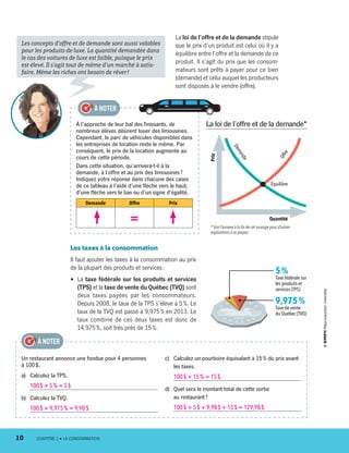 La loi de l’offre et de la demande*
Prix
Quantité
Équilibre
Demande
Offre
* Voir l’annexe à la fin de cet ouvrage pour d’autres
explications à ce propos.
La loi de l’offre et de la demande stipule
que le prix d’un produit est celui où il y a
équilibre entre l’offre et la demande de ce
produit. Il s’agit du prix que les consom-
mateurs sont prêts à payer pour ce bien
(demande) et celui auquel les producteurs
sont disposés à le vendre (offre).
À l’approche de leur bal des finissants, de
nombreux élèves désirent louer des limousines.
Cependant, le parc de véhicules disponibles dans
les entreprises de location reste le même. Par
conséquent, le prix de la location augmente au
cours de cette période.
Dans cette situation, qu’arrivera-t-il à la
demande, à l’offre et au prix des limousines ?
Indiquez votre réponse dans chacune des cases
de ce tableau à l’aide d’une flèche vers le haut,
d’une flèche vers le bas ou d’un signe d’égalité.
Demande Offre Prix
=
À NOTER
Les concepts d’offre et de demande sont aussi valables
pour les produits de luxe. La quantité demandée dans
le cas des voitures de luxe est faible, puisque le prix
est élevé. Il s’agit tout de même d’un marché à satis-
faire. Même les riches ont besoin de rêver !
Les taxes à la consommation
Il faut ajouter les taxes à la consommation au prix
de la plupart des produits et services :
•	 La taxe fédérale sur les produits et services
(TPS) et la taxe de vente du Québec (TVQ) sont
deux taxes payées par les consommateurs.
Depuis 2008, le taux de la TPS s’élève à 5 %. Le
taux de la TVQ est passé à 9,975 % en 2013. Le
taux combiné de ces deux taxes est donc de
14,975 %, soit très près de 15 %.
5 %
Taxe fédérale sur
les produits et
services (TPS)
9,975 %
Taxe de vente
du Québec (TVQ)
Un restaurant annonce une fondue pour 4 personnes
à 100 $.
a)	 Calculez la TPS.
100 $ × 5 % = 5 $
b)	 Calculez la TVQ.
100 $ × 9,975 % = 9,98 $
c)	 Calculez un pourboire équivalant à 15 % du prix avant
les taxes.
100 $ × 15 % = 15 $
d)	 Quel sera le montant total de cette sortie
au restaurant ?
100 $ + 5 $ + 9,98 $ + 15 $ = 129,98 $
À NOTER
10	 CHAPITRE 1 • LA CONSOMMATION
13931_profil_cahier_chap1_ep4.indd 10 2018-03-19 4:47 PM
 