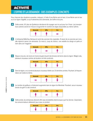ACTIVITÉ
L’OFFREETLADEMANDE :DESEXEMPLESCONCRETS
Pour chacune des situations suivantes, indiquez, à l’aide d’une flèche vers le haut, d’une flèche vers le bas
ou d’un signe d’égalité, ce qu’il adviendra de la demande, de l’offre et du prix.
A 	 Cette année, 8 % plus de Québécois décideront de voyager vers le sud pour fuir l’hiver. Les transpor-
teurs aériens seront en mesure d’augmenter le nombre de sièges disponibles au même rythme.
Demande Offre Prix
=
B 	 L’entreprise Belle-Eau fabrique et vend des piscines très originales. À raison de six piscines par mois,
elle répond à peine à la demande. Ce mois-ci, coup de chance : une vedette du design en parle en
bien dans son magazine.
Demande Offre Prix
=
C 	 Depuis cinq ans, de moins en moins de gens louent des terrains de tennis dans la région. Malgré cela,
plusieurs nouveaux centres de location ont été construits.
Demande Offre Prix
D 	 Dans la région, on a construit plusieurs nouveaux hôtels ces 10 dernières années. Pourtant, la fréquen-
tation est restée la même.
Demande Offre Prix
=
E 	 Le nombre de golfeurs a fortement augmenté dans la région de Montréal. Pourtant, aucun nouveau
terrain de golf n’a été construit.
Demande Offre Prix
=
F 	 Cette année, les entreprises désirent offrir plus de tablettes électroniques que l’an dernier. Cependant,
les consommateurs délaissent peu à peu ce produit.
Demande Offre Prix
	 SECTION 1.1 • CONSOMMER, C’EST FAIRE DES CHOIX	 11
13931_profil_cahier_chap1_ep4.indd 11 2018-03-19 4:47 PM
 