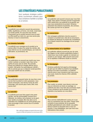 Le culte de l’idéal
La publicité nous présente souvent des personnes
belles, équilibrées, en forme, à la mode, vivant dans
un monde parfait. On veut ainsi nous donner
l’impression que le produit annoncé aura lui aussi
un effet positif sur notre vie, que nous serons plus
heureux si nous le consommons.
Les données factuelles
La publicité nous renseigne sur le produit ou le
service offert. En plus d’en vanter les mérites, elle
nous informe sur ses caractéristiques, son mode de
fabrication, sa provenance, etc.
La vérité
Les publicitaires ne peuvent pas mentir pour nous
inciter à acheter un produit, mais il leur arrive
parfois de jouer avec la vérité. Par exemple,
lorsqu’une publicité de céréales affirme que le
produit « fait partie d’un petit-déjeuner nutritif »,
elle ne précise pas que ce déjeuner serait peut-être
tout aussi nutritif sans les céréales...
La popularité
Des publicitaires peuvent tenter de nous faire croire
qu’une fois le produit en notre possession, nous
serons remarqués, nous ferons l’envie de notre
entourage, nous aurons plus d’amis. Bref, nous
serons cool !
La notoriété
La publicité peut aussi faire appel à des porte-
paroles, soit des personnalités connues de la
télévision, du cinéma, de la chanson ou du sport,
pour vendre un produit. Elle mise alors sur la
notoriété et la crédibilité de ces porte-paroles pour
nous encourager à faire comme eux et à acheter
le produit.
La concurrence
Une campagne publicitaire cherche souvent à
comparer un produit avec celui de la concurrence,
en tentant de déprécier le produit des compétiteurs
et en faisant ressortir les avantages de son propre
produit.
La mémorisation et la répétition
Les publicités utilisent souvent des jeux de mots,
des slogans ou des refrains publicitaires faciles à
retenir pour nous inciter à garder en mémoire un
produit ou une marque. Elles peuvent aussi jouer
sur la répétition d’éléments visuels ou sonores.
Le témoignage
Certaines publicités font appel au témoignage
de gens qui ont utilisé le produit et qui semblent
heureux d’en faire la promotion. La publicité
cherche ainsi à nous convaincre que nous avons,
nous aussi, toutes les chances d’être satisfaits
du produit.
Les promesses
Pour vouloir un produit, nous devons croire que
nous en retirerons au moins un avantage. La
publicité peut donc nous faire des promesses visant
à nous convaincre que le produit ou le service
répondra à nos besoins ou à nos désirs.
La nouveauté
Nous sommes habituellement curieux et ce que
nous ne connaissons pas nous attire. Piquer notre
curiosité et nous présenter de la nouveauté
éveillent généralement notre intérêt. Les publici-
taires le savent et cherchent ainsi à nous sur-
prendre, à nous déstabiliser, pour que nous nous
intéressions à leur produit.
LESSTRATÉGIESPUBLICITAIRES
Voici quelques stratégies publici-
taires couramment utilisées pour
nous convaincre d’acheter un produit
ou un service.
Note :cettelistedestratégiesestinspiréedudocument« Jefais
ma pub »de l’Office de la protection du consommateur (OPC).
L’émotion
Les publicités sont souvent conçues pour nous faire
réagir. Faire appel à l’émotion permet d’augmenter
notre intérêt pour une publicité et de garantir que
nous nous souviendrons du produit. Certaines
présentent des histoires touchantes, des animaux,
des scènes qui font rire ou pleurer.
16	 CHAPITRE 1 • LA CONSOMMATION
13931_profil_cahier_chap1_ep4.indd 16 2018-03-19 4:47 PM
 