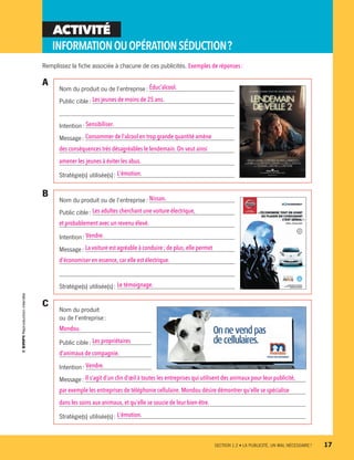 ACTIVITÉ
INFORMATIONOUOPÉRATIONSÉDUCTION ?
Remplissez la fiche associée à chacune de ces publicités. Exemples de réponses :
A
C
B
Nom du produit ou de l’entreprise : Éduc’alcool.
Public cible : Les jeunes de moins de 25 ans.

Intention : Sensibiliser.
Message : Consommer de l’alcool en trop grande quantité amène 
des conséquences très désagréables le lendemain. On veut ainsi 
amener les jeunes à éviter les abus.
Stratégie(s) utilisée(s) : L’émotion.
Nom du produit
ou de l’entreprise :
Mondou.
Public cible : Les propriétaires
d’animaux de compagnie.
Intention : Vendre.
Message : Il s’agit d’un clin d’œil à toutes les entreprises qui utilisent des animaux pour leur publicité, 
par exemple les entreprises de téléphonie cellulaire. Mondou désire démontrer qu’elle se spécialise 
dans les soins aux animaux, et qu’elle se soucie de leur bien-être.
Stratégie(s) utilisée(s) : L’émotion.
Nom du produit ou de l’entreprise : Nissan.
Public cible : Les adultes cherchant une voiture électrique, 
et probablement avec un revenu élevé.
Intention : Vendre.
Message : La voiture est agréable à conduire ; de plus, elle permet 
d’économiser en essence, car elle est électrique.

Stratégie(s) utilisée(s) : Le témoignage.
	 SECTION 1.2 • LA PUBLICITÉ, UN MAL NÉCESSAIRE ?	 17
13931_profil_cahier_chap1_ep4.indd 17 2018-03-19 4:47 PM
 