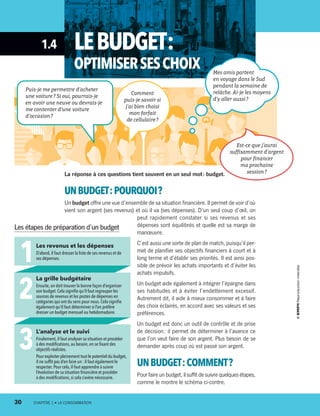 1.4 LEBUDGET :
OPTIMISERSESCHOIX
Puis-je me permettre d’acheter
une voiture ? Si oui, pourrais-je
en avoir une neuve ou devrais-je
me contenter d’une voiture
d’occasion ?
Est-ce que j’aurai
suffisamment d’argent
pour financer
ma prochaine
session ?
Comment
puis-je savoir si
j’ai bien choisi
mon forfait
de cellulaire ?
Mes amis partent
en voyage dans le Sud
pendant la semaine de
relâche. Ai-je les moyens
d’y aller aussi ?
La réponse à ces questions tient souvent en un seul mot : budget.
UNBUDGET :POURQUOI ?
Un budget offre une vue d’ensemble de sa situation financière. Il permet de voir d’où
vient son argent (ses revenus) et où il va (ses dépenses). D’un seul coup d’œil, on
peut rapidement constater si ses revenus et ses
dépenses sont équilibrés et quelle est sa marge de
manœuvre.
C’est aussi une sorte de plan de match, puisqu’il per-
met de planifier ses objectifs financiers à court et à
long terme et d’établir ses priorités. Il est ainsi pos-
sible de prévoir les achats importants et d’éviter les
achats impulsifs.
Un budget aide également à intégrer l’épargne dans
ses habitudes et à éviter l’endettement excessif.
Autrement dit, il aide à mieux consommer et à faire
des choix éclairés, en accord avec ses valeurs et ses
préférences.
Un budget est donc un outil de contrôle et de prise
de décision : il permet de déterminer à l’avance ce
que l’on veut faire de son argent. Plus besoin de se
demander après coup où est passé son argent.
UNBUDGET :COMMENT ?
Pour faire un budget, il suffit de suivre quelques étapes,
comme le montre le schéma ci-contre.
Les revenus et les dépenses
D’abord, il faut dresser la liste de ses revenus et de
ses dépenses.
L’analyse et le suivi
Finalement,il faut analyser sa situation et procéder
à des modifications,au besoin,en se fixant des
objectifs réalistes.
Pour exploiter pleinement tout le potentiel du budget,
il ne suffit pas d’en faire un : il faut également le
respecter. Pour cela,il faut apprendre à suivre
l’évolution de sa situation financière et procéder
à des modifications,si cela s’avère nécessaire.
La grille budgétaire
Ensuite, on doit trouver la bonne façon d’organiser
son budget.Cela signifie qu’il faut regrouper les
sources de revenus et les postes de dépenses en
catégories qui ont du sens pour nous. Cela signifie
également qu’il faut déterminer si l’on préfère
dresser un budget mensuel ou hebdomadaire.
Les étapes de préparation d’un budget
30	 CHAPITRE 1 • LA CONSOMMATION
13931_profil_cahier_chap1_ep4.indd 30 2018-03-19 4:48 PM
 