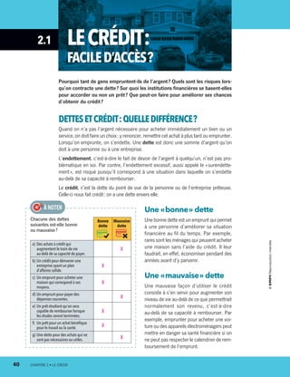 2.1 LECRÉDIT :
FACILED’ACCÈS ?
Pourquoi tant de gens empruntent-ils de l’argent ? Quels sont les risques lors-
qu’on contracte une dette ? Sur quoi les institutions financières se basent-elles
pour accorder ou non un prêt ? Que peut-on faire pour améliorer ses chances
d’obtenir du crédit ?
DETTESETCRÉDIT :QUELLEDIFFÉRENCE ?
Quand on n’a pas l’argent nécessaire pour acheter immédiatement un bien ou un
service, on doit faire un choix : y renoncer, remettre cet achat à plus tard ou emprunter.
Lorsqu’on emprunte, on s’endette. Une dette est donc une somme d’argent qu’on
doit à une personne ou à une entreprise.
L’endettement, c’est-à-dire le fait de devoir de l’argent à quelqu’un, n’est pas pro-
blématique en soi. Par contre, l’endettement excessif, aussi appelé le « surendette-
ment », est risqué puisqu’il correspond à une situation dans laquelle on s’endette
au-delà de sa capacité à rembourser.
Le crédit, c’est la dette du point de vue de la personne ou de l’entreprise prêteuse.
Celle-ci nous fait crédit : on a une dette envers elle.
Une « bonne » dette
Une bonne dette est un emprunt qui permet
à une personne d’améliorer sa situation
financière au fil du temps. Par exemple,
rares sont les ménages qui peuvent acheter
une maison sans l’aide du crédit. Il leur
faudrait, en effet, économiser pendant des
années avant d’y parvenir.
Une « mauvaise » dette
Une mauvaise façon d’utiliser le crédit
consiste à s’en servir pour augmenter son
niveau de vie au-delà de ce que permettrait
normalement son revenu, c’est-à-dire
au-delà de sa capacité à rembourser. Par
exemple, emprunter pour acheter une voi-
ture ou des appareils électroménagers peut
mettre en danger sa santé financière si on
ne peut pas respecter le calendrier de rem-
boursement de l’emprunt.
Chacune des dettes
suivantes est-elle bonne
ou mauvaise ?
Bonne
dette
Mauvaise
dette
a)	Des achats à crédit qui
augmentent le train de vie
au-delà de sa capacité de payer.
X
b)	Un crédit pour démarrer une
entreprise ayant un plan
d’affaires solide.
X
c)	 Un emprunt pour acheter une
maison qui correspond à ses
moyens.
X
d)	Un emprunt pour payer des
dépenses courantes. X
e)	Un prêt étudiant qu’on sera
capable de rembourser lorsque
les études seront terminées.
X
f)	 Un prêt pour un achat bénéfique
pour le travail ou la santé. X
g)	Une dette pour des achats qui ne
sont pas nécessaires ou utiles. X
À NOTER
40	 CHAPITRE 2 • LE CRÉDIT
13931_profil_cahier_chap2_ep6.indd 40 2018-03-15 11:28 AM
 