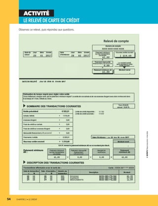 ACTIVITÉ
LERELEVÉDECARTEDECRÉDIT
Observez ce relevé, puis répondez aux questions.
54	 CHAPITRE 2 • LE CRÉDIT
13931_profil_cahier_chap2_ep6.indd 54 2018-03-15 11:28 AM
 