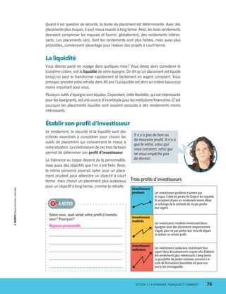 Quand il est question de sécurité, la durée du placement est déterminante. Avec des
placements plus risqués, il vaut mieux investir à long terme. Ainsi, les bons rendements
devraient compenser les mauvais et fournir, globalement, des rendements intéres-
sants. Les placements sûrs, dont les rendements sont plus faibles, mais aussi plus
prévisibles, conviennent davantage pour réaliser des projets à court terme.
La liquidité
Vous désirez partir en voyage dans quelques mois ? Vous devez alors considérer le
troisième critère, soit la liquidité de votre épargne. On dit qu’un placement est liquide
lorsqu’on peut le transformer rapidement et facilement en argent comptant. Vous
prévoyez prendre votre retraite dans 40 ans ? La liquidité est alors un critère beaucoup
moins important pour vous.
Plusieurs outils d’épargne sont liquides. Cependant, cette flexibilité, qui est intéressante
pour les épargnants, est une source d’incertitude pour les institutions financières. C’est
pourquoi les placements liquides sont souvent associés à des rendements moins
intéressants.
Établir son profil d’investisseur
Le rendement, la sécurité et la liquidité sont des
critères essentiels à considérer pour choisir les
outils de placement qui conviennent le mieux à
notre situation. La combinaison de ces trois facteurs
permet de déterminer son profil d’investisseur.
La tolérance au risque dépend de la personnalité,
mais aussi des objectifs que l’on s’est fixés. Ainsi,
la même personne pourrait opter pour un place-
ment prudent pour atteindre un objectif à court
terme, mais choisir un placement plus audacieux
pour un objectif à long terme, comme la retraite.
Selon vous, quel serait votre profil d’investis-
seur ? Pourquoi ?
Réponse personnelle.
À NOTER
Trois profils d’investisseurs
Investisseurs
prudents Les investisseurs prudents n’aiment pas
le risque.L’idée de perdre de l’argent les inquiète.
Ils acceptent d’avoir un rendement moins élevé
en échange de la certitude de ne pas perdre
leur argent.
Investisseurs
modérés
Les investisseurs modérés investissent leurs
épargnes dans des placements moyennement
risqués pour ne pas perdre leur mise de départ
et réaliser un certain profit.
Investisseurs
audacieux Les investisseurs audacieux investissent leur
argent dans des placements risqués afin d’obtenir
des rendements plus intéressants à long terme.
La possibilité de perdre certaines sommes à la
suite de fluctuations boursières est pour eux
tout à fait envisageable.
Il n’y a pas de bon ou
de mauvais profil. Il n’y a
que le vôtre, celui qui
vous convient, celui qui
ne vous empêche pas
de dormir.
	 SECTION 3.1 • ÉPARGNER : POURQUOI ET COMMENT ?	 75
13931_profil_cahier_chap3_ep4.indd 75 2018-03-15 4:33 PM
 