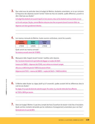 3.	 Que notez-vous de particulier dans le budget de Martine, étudiante universitaire, en ce qui concerne
la fréquence des dépenses durant l’année ? Outre les frais de scolarité, quelle différence y aurait-il si
elle n’était pas aux études ?
Le budget des étudiants est souvent réparti en trois sessions, deux où les étudiants sont aux études,et une
où ils ne le sont pas.De plus,comme Martine retourne vivre chez ses parents durant la session d’été,ses
dépenses sont alors grandement réduites.
4.	 Les revenus mensuels de Martine, toutes sources confondues, seront les suivants :
Session
d’automne
Session
d’hiver
Session
d’été
1750 $ 1250 $ 1750 $
Quels seront ses revenus annuels ?
Ses revenus annuels seront de 19 000 $.
5.	 Manquera-t-elle d’argent durant l’année ? Justifiez votre réponse.
Oui.Sa session d’automne lui permettra de dégager un surplus de 266 $
(revenus de 7000 $ − dépenses de 6734 $), mais même en en tenant compte,
elle aura un déficit de près de 1500 $ à la session d’hiver
(dépenses de 6734 $ − revenus de 5000 $ − surplus de 266 $ = 1468 $ de déficit).
6.	 Si Martine allait étudier au cégep plutôt qu’à l’université, quelles auraient été les différences dans le
coût de ses études ?
Au cégep,il n’y a pas de droits de scolarité à payer. Par contre, il y a tout de même des frais afférents
de 150 $ à 300 $ par session.
7.	 Dans son budget, Martine n’a pas tenu compte des frais d’ouverture de dossier ni des frais d’inscription.
Quels sont les montants demandés par les institutions d’enseignement universitaire pour ces frais ?
Généralement,ils sont de 80 $.
	 SECTION 5.1 • LES ÉTUDES, COMBIEN ÇA COÛTE ?	 119
13931_profil_cahier_chap5_ep5.indd 119 2018-03-19 4:51 PM
 