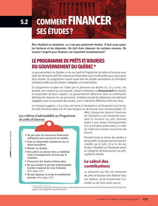 5.2 COMMENTFINANCER
SESÉTUDES ?
* L’information incluse dans cette section est tirée en grande partie du site internet du ministère de l’Éducation et de l’Enseignement
supérieur sous« Programme de prêts et bourses ».
Être étudiant ou étudiante, ce n’est pas seulement étudier. Il faut aussi payer
les factures et les dépenses. On doit donc disposer de certains revenus. Où
trouver l’argent pour financer cet important investissement ?
LEPROGRAMMEDEPRÊTSETBOURSES
DUGOUVERNEMENTDUQUÉBEC*
Le gouvernement du Québec a mis sur pied le Programme de prêts et bourses pour
aider les étudiants dont les ressources financières sont insuffisantes pour poursuivre
leurs études. Ce programme couvre aussi bien les études secondaires en formation
professionnelle que les études collégiales et universitaires.
Ce programme se base sur l’idée que la personne aux études et, s’il y a lieu, ses
parents, son conjoint ou sa conjointe, doivent contribuer au financement des études
en proportion de leurs moyens. Le gouvernement détermine donc la contribution
attendue de chacune de ces personnes. Il estime ensuite les dépenses normalement
engagées pour la poursuite des études, puis il calcule la différence entre les deux.
Le manque à gagner, s’il y a lieu, est remis à l’étudiant ou à l’étudiante sous forme
de prêt (remboursable à la fin des études) ou de bourse (non remboursable). En
effet, lorsque les besoins financiers
de l’étudiant ou de l’étudiante excè­
dent le montant du prêt maximal
relatif à son niveau d’enseignement
et à sa situation particulière, le reste
de l’aide est consenti sous forme de
bourse.
Pendant toute la durée des études à
temps plein, le gouvernement paie les
intérêts sur le prêt. À la fin de ses
études, l’étudiant ou l’étudiante prend
en charge le remboursement du prêt,
capital et intérêts.
Le calcul des
contributions
La personne qui fait une demande
de prêts et bourses doit déclarer tous
ses revenus, qu’ils proviennent d’un
emploi ou de toute autre source.
•	Ne pas avoir de ressources financières
suffisantes pour poursuivre ses études.
•	Avoir la citoyenneté canadienne (ou un
statut équivalent).
•	Résider au Québec.
•	Être admis ou admise dans un établisse-
ment d’enseignement reconnu par le
ministère.
•	Poursuivre des études à temps plein.
•	Ne pas excéder la période d’admissibilité
(nombre maximal de mois d’études).
(Voir page 123.)
•	Ne pas dépasser la limite d’endettement
permise. (Voir page 123.)
Les critères d’admissibilité au Programme
de prêts et bourses
	 SECTION 5.2 • COMMENT FINANCER SES ÉTUDES ?	 121
13931_profil_cahier_chap5_ep5.indd 121 2018-03-19 4:51 PM
 