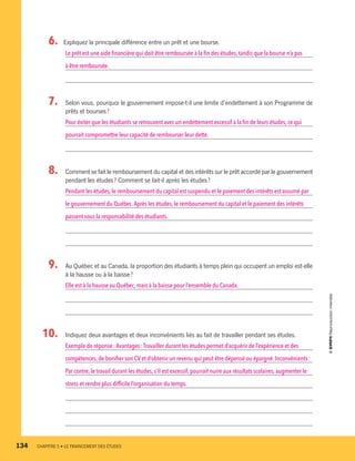  6.		 Expliquez la principale différence entre un prêt et une bourse.
Le prêt est une aide financière qui doit être remboursée à la fin des études, tandis que la bourse n’a pas
à être remboursée.
  7.		 Selon vous, pourquoi le gouvernement impose-t-il une limite d’endettement à son Programme de
prêts et bourses ?
Pour éviter que les étudiants se retrouvent avec un endettement excessif à la fin de leurs études,ce qui
pourrait compromettre leur capacité de rembourser leur dette.
  8.		 Comment se fait le remboursement du capital et des intérêts sur le prêt accordé par le gouvernement
pendant les études ? Comment se fait-il après les études ?
Pendant les études,le remboursement du capital est suspendu et le paiement des intérêts est assumé par
le gouvernement du Québec.Après les études, le remboursement du capital et le paiement des intérêts
passent sous la responsabilité des étudiants.
  9.		 Au Québec et au Canada, la proportion des étudiants à temps plein qui occupent un emploi est-elle
à la hausse ou à la baisse ?
Elle est à la hausse au Québec, mais à la baisse pour l’ensemble du Canada.
10.		 Indiquez deux avantages et deux inconvénients liés au fait de travailler pendant ses études.
Exemple de réponse : Avantages : Travailler durant les études permet d’acquérir de l’expérience et des
compétences,de bonifier son CV et d’obtenir un revenu qui peut être dépensé ou épargné. Inconvénients :
Par contre,le travail durant les études, s’il est excessif, pourrait nuire aux résultats scolaires, augmenter le
stress et rendre plus difficile l’organisation du temps.
134	 CHAPITRE 5 • LE FINANCEMENT DES ÉTUDES
13931_profil_cahier_chap5_ep5.indd 134 2018-03-19 4:51 PM
 